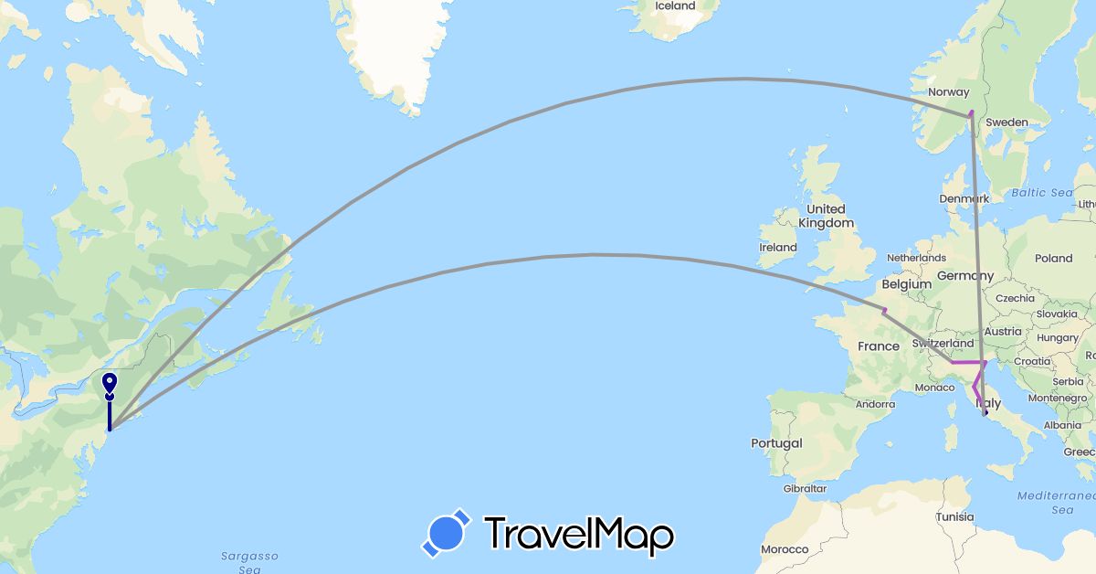 TravelMap itinerary: driving, plane, train in France, Italy, Norway, United States (Europe, North America)